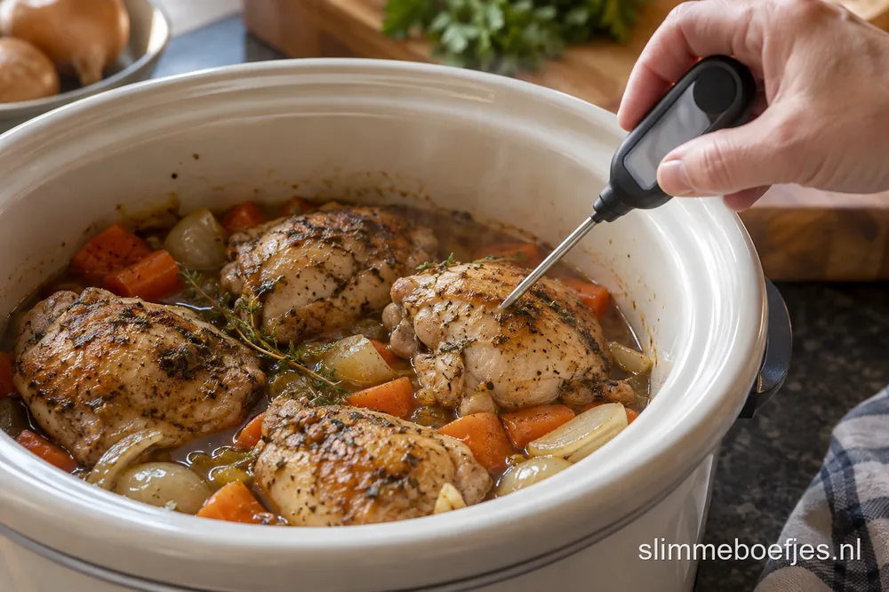 Vleesthermometer in het dikste deel van een kippenbout in een slowcooker