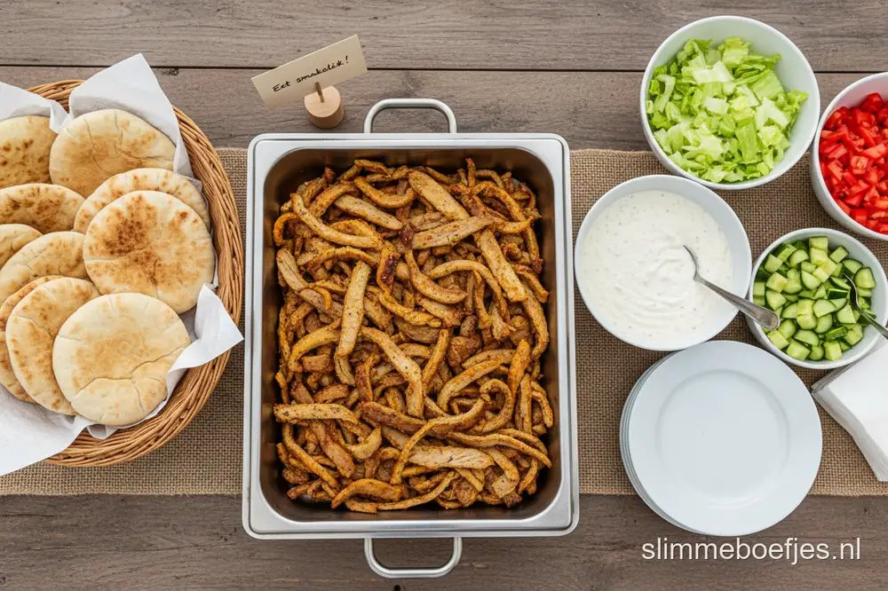 Een buffettafel met een grote pan goudbruine shoarma, pitabroodjes, knoflooksaus en rauwkost.